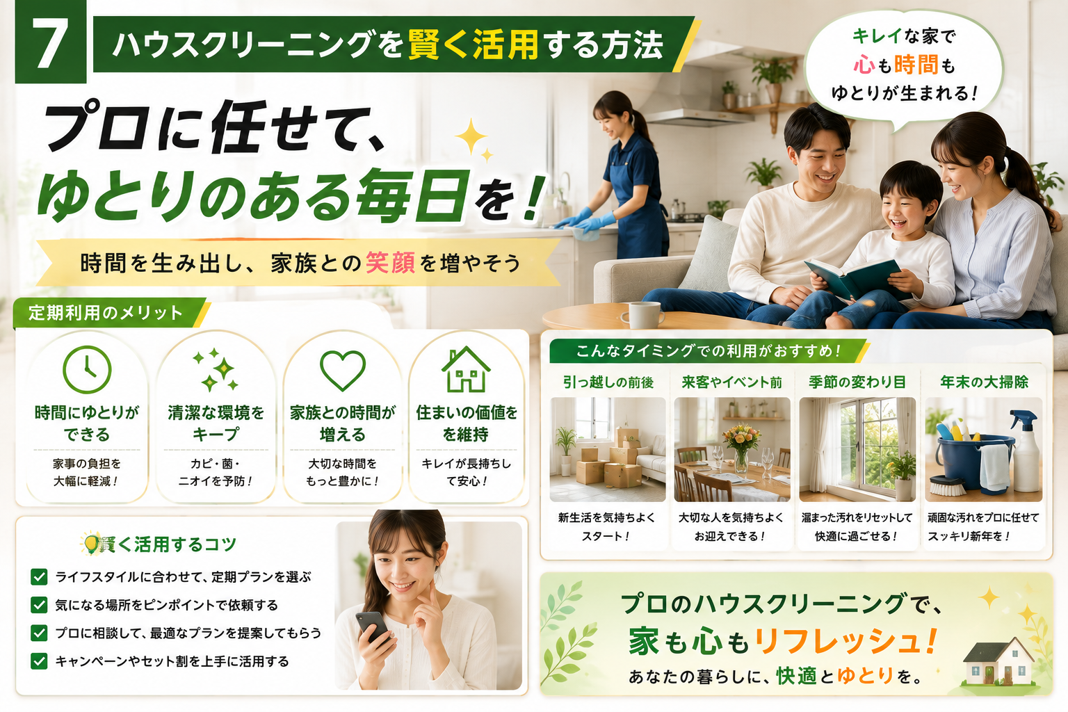 東京都でハウスクリーニングを賢く活用し、プロに掃除を任せて家族との時間を楽しむ様子。定期利用やエアコン、浴室、キッチンなどの清掃で家事の負担を減らし、快適な暮らしを実現するメリットを紹介。